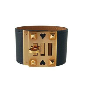 Hermes Bracelet As De Coeur Black Leather Pink Gold Hardware